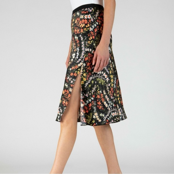 ATM Women’s Satin Floral Black Midi Skirt Side Slit Size Large Elastic Waist - Picture 1 of 7